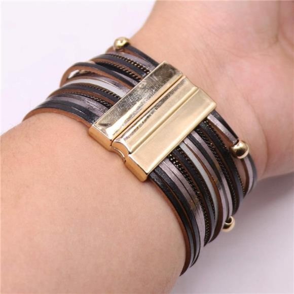 Boho Leather Wrap Bracelet, Wide Multilayer Braided Cuff - Picture 4 of 6
